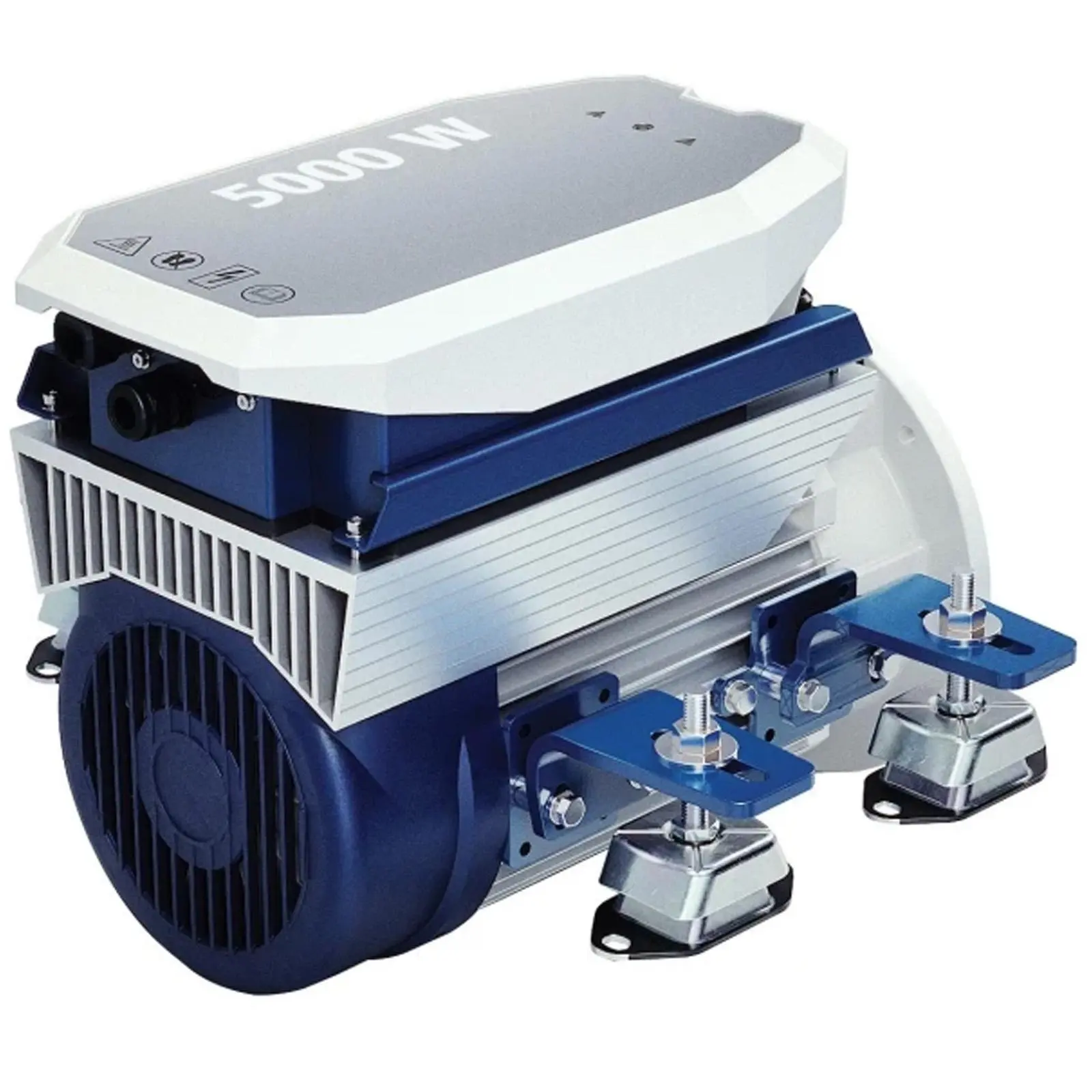 eline5kw-2_a A 5000W power generator with blue and silver components and mounting brackets.
