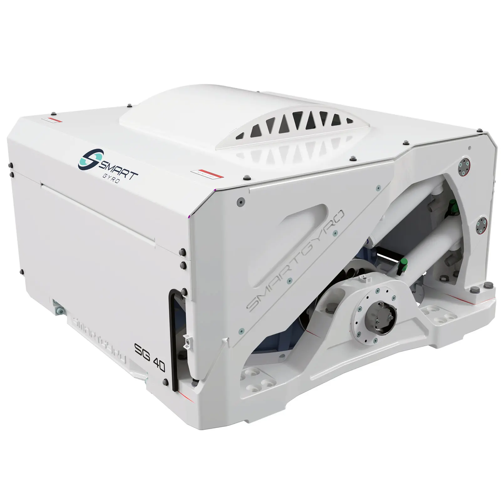 A white mechanical device with vents and labeled components sits against a plain background.