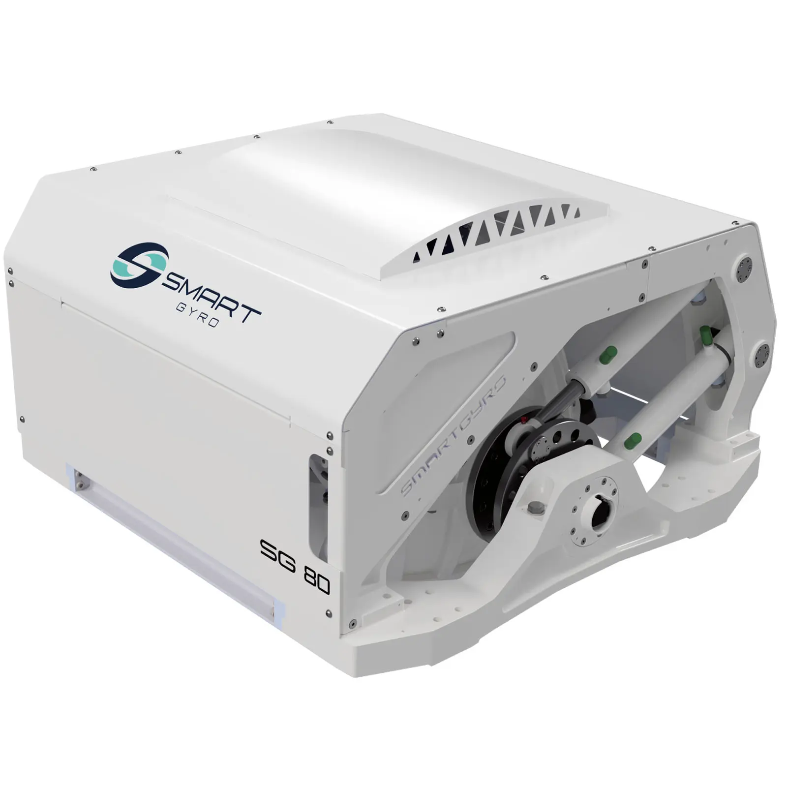 A white mechanical device with exposed internal components and ventilation slots on top.