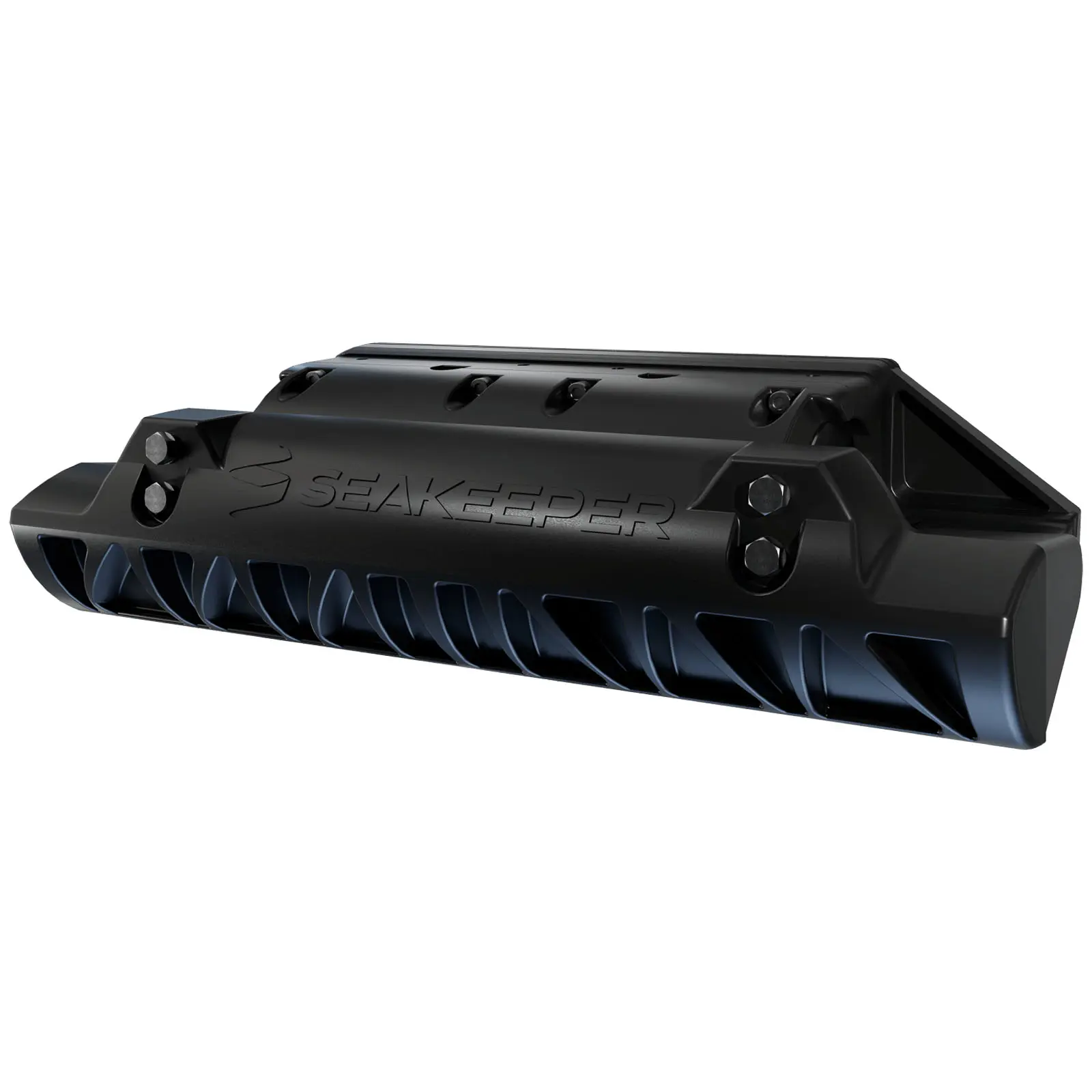 Black mechanical device with vent-like pattern and mounting points.