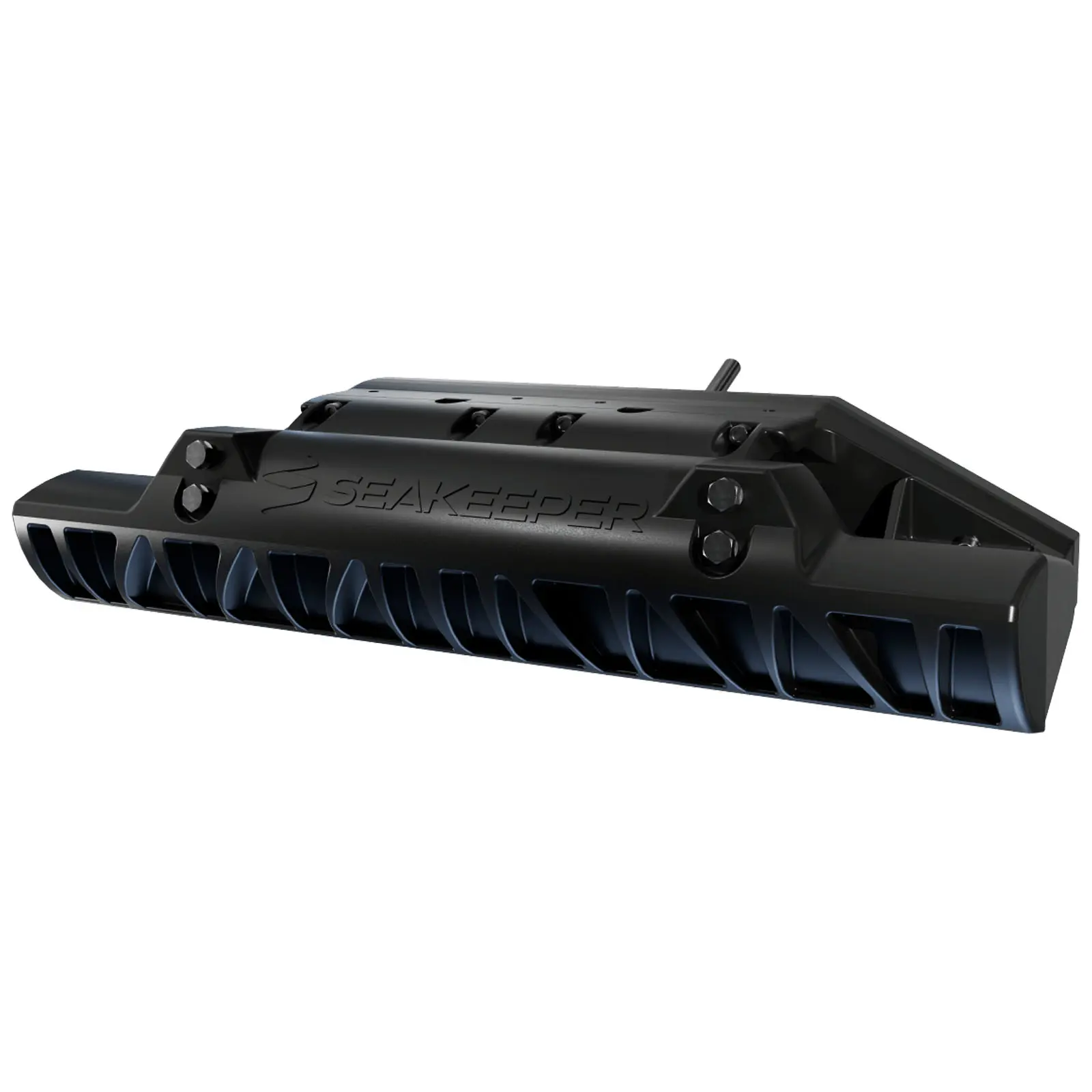 Black mechanical device with vent-like pattern and mounting points.
