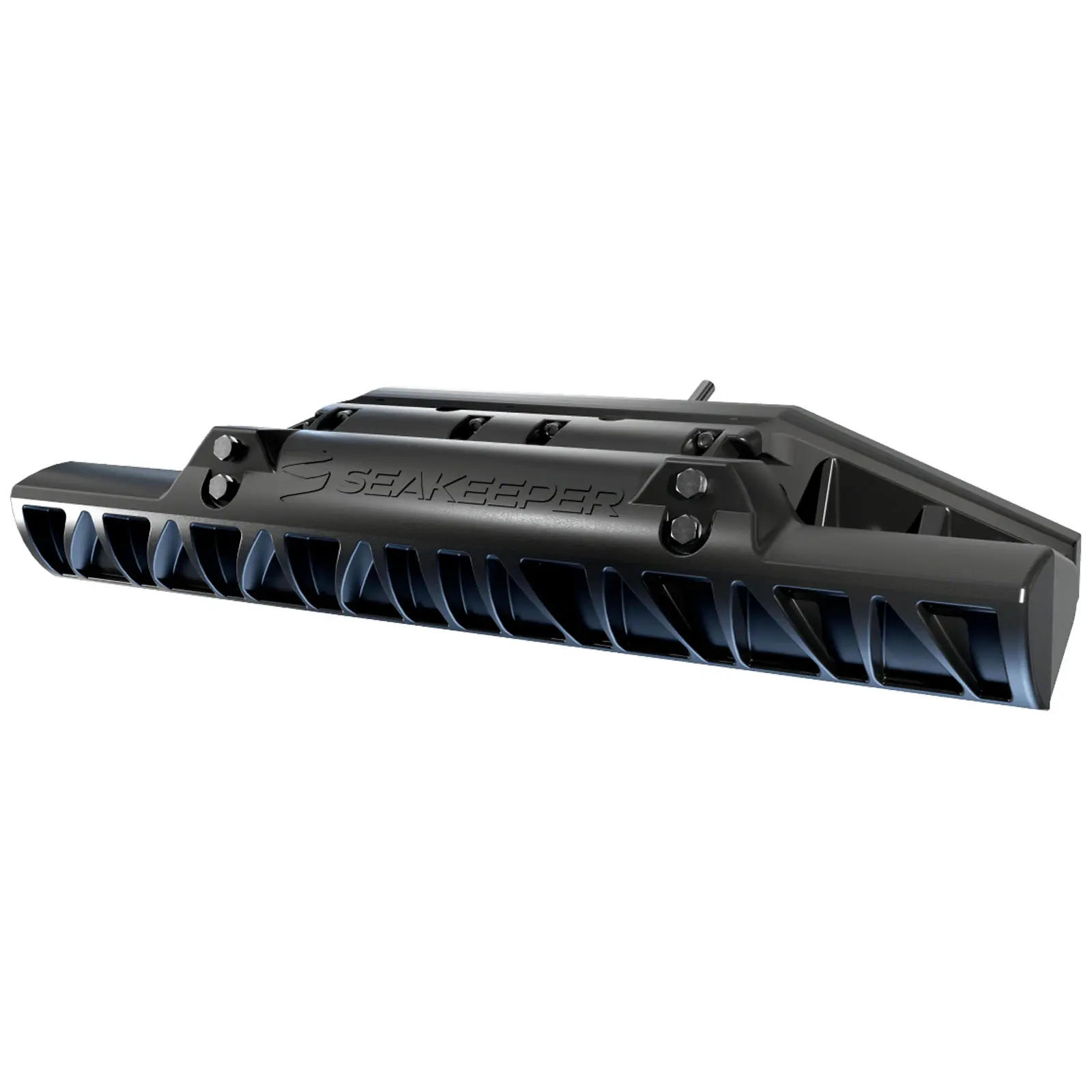 A black mechanical device with multiple vent-like openings and bolts.