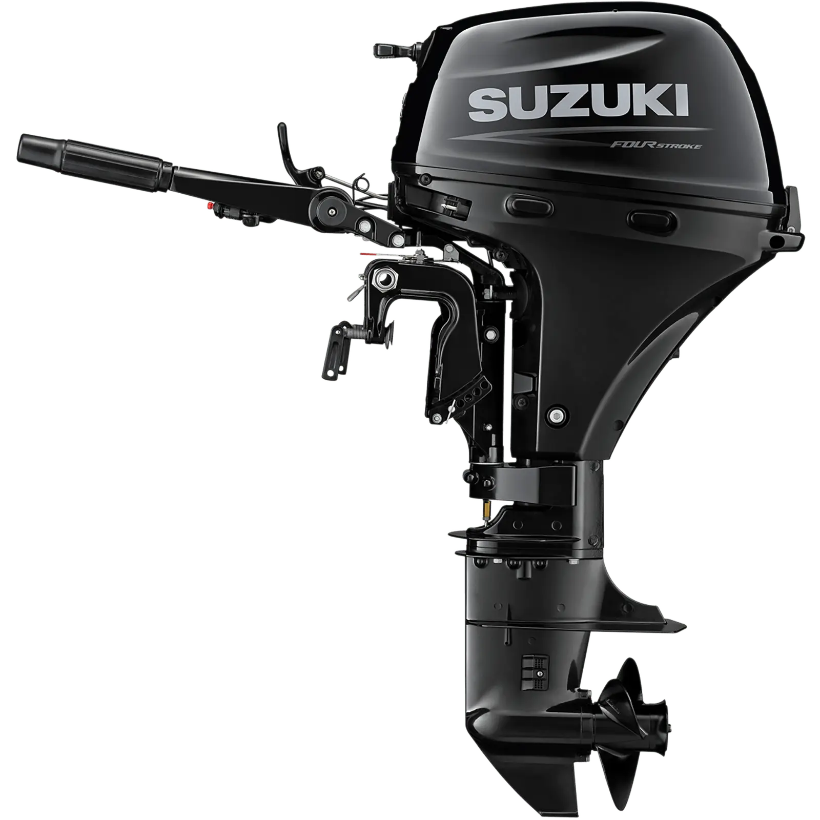 A black outboard motor with handle and propeller.