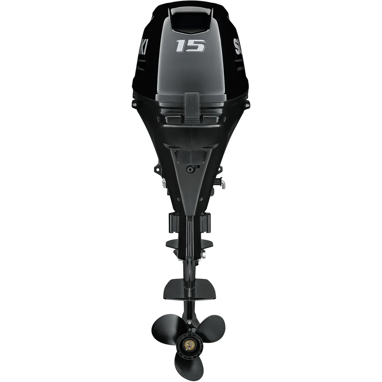 A black outboard motor with propeller and number 15 on top.