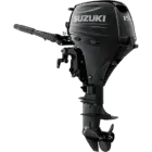 A sleek black outboard motor with propeller and handlebars stands against white background.
