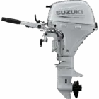 A white outboard motor with handle and propeller is shown against plain background.