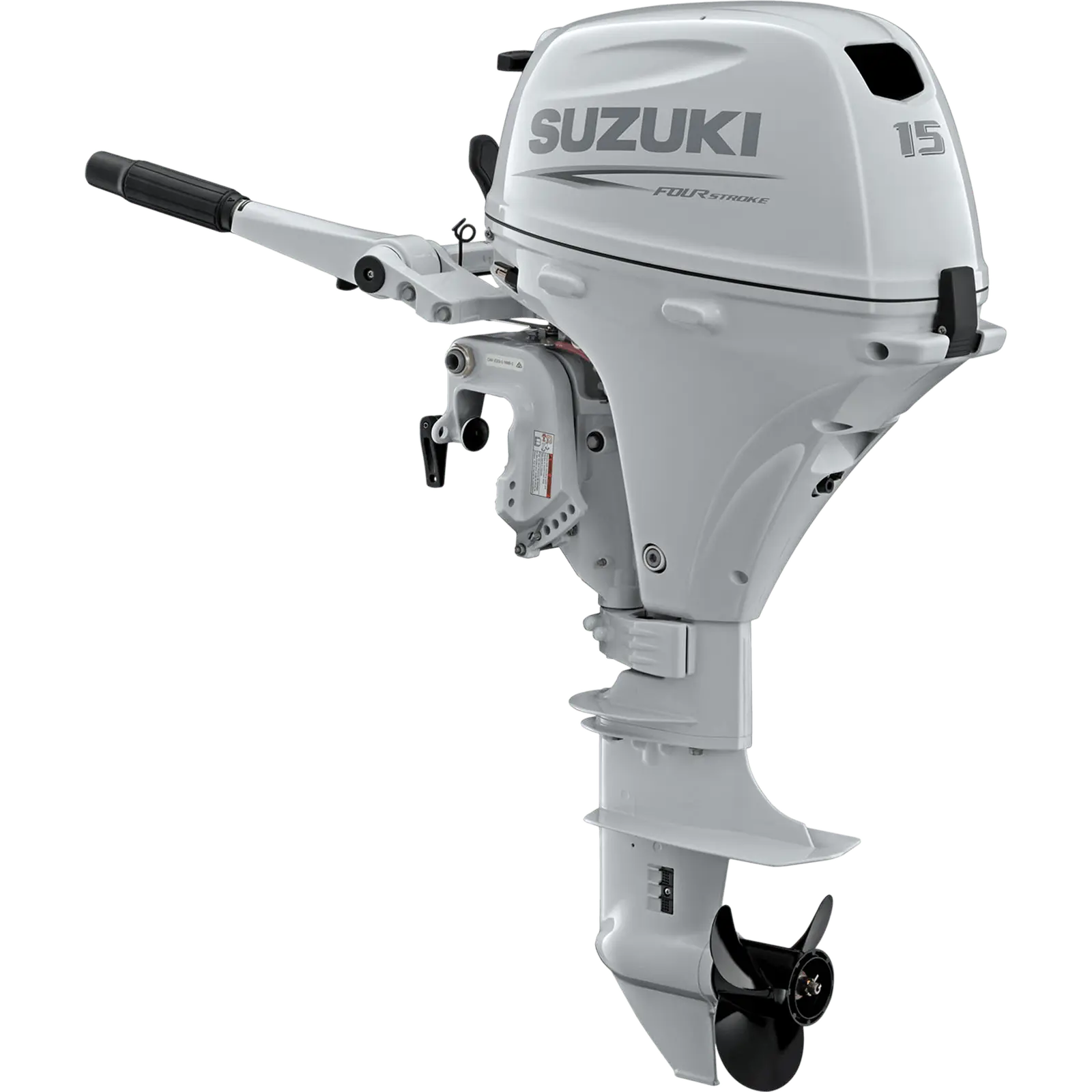 A white outboard motor with black propeller and handle.