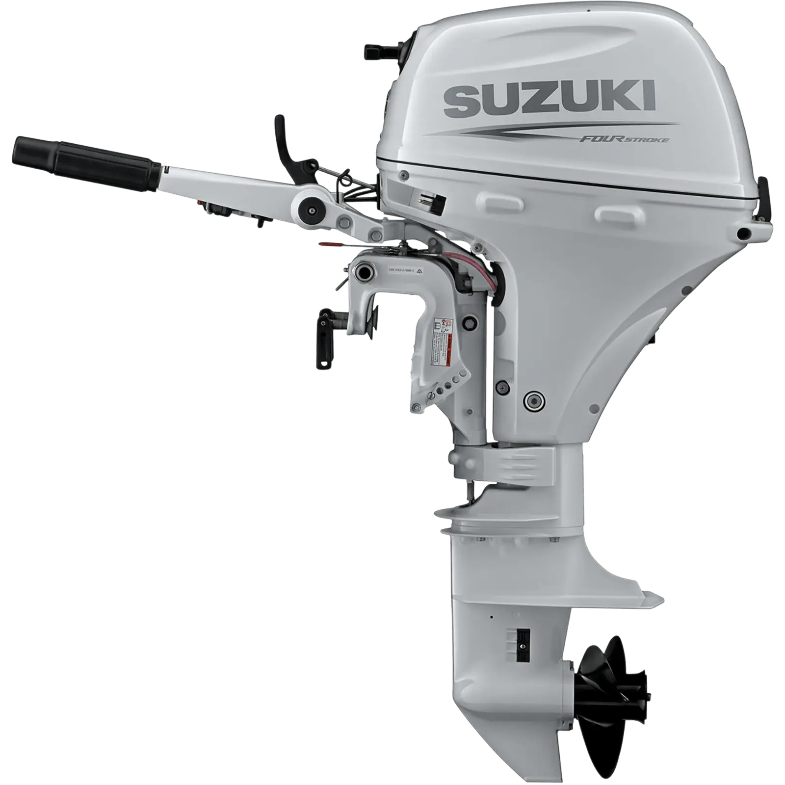 A white outboard motor with black propeller and handlebars.