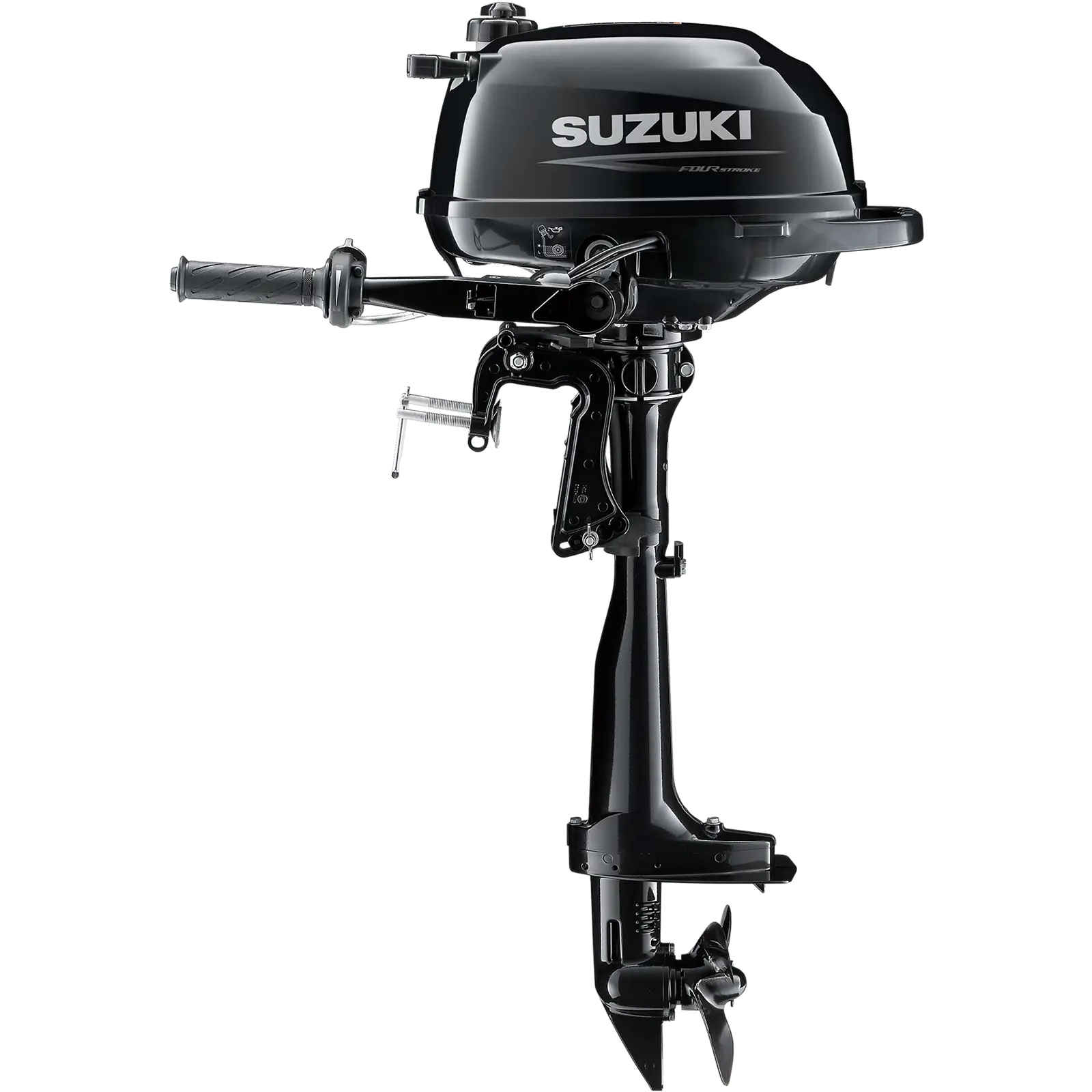 A black outboard motor with handle and propeller is shown against white background.