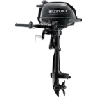 A black outboard motor with handle and propeller is shown against white background.