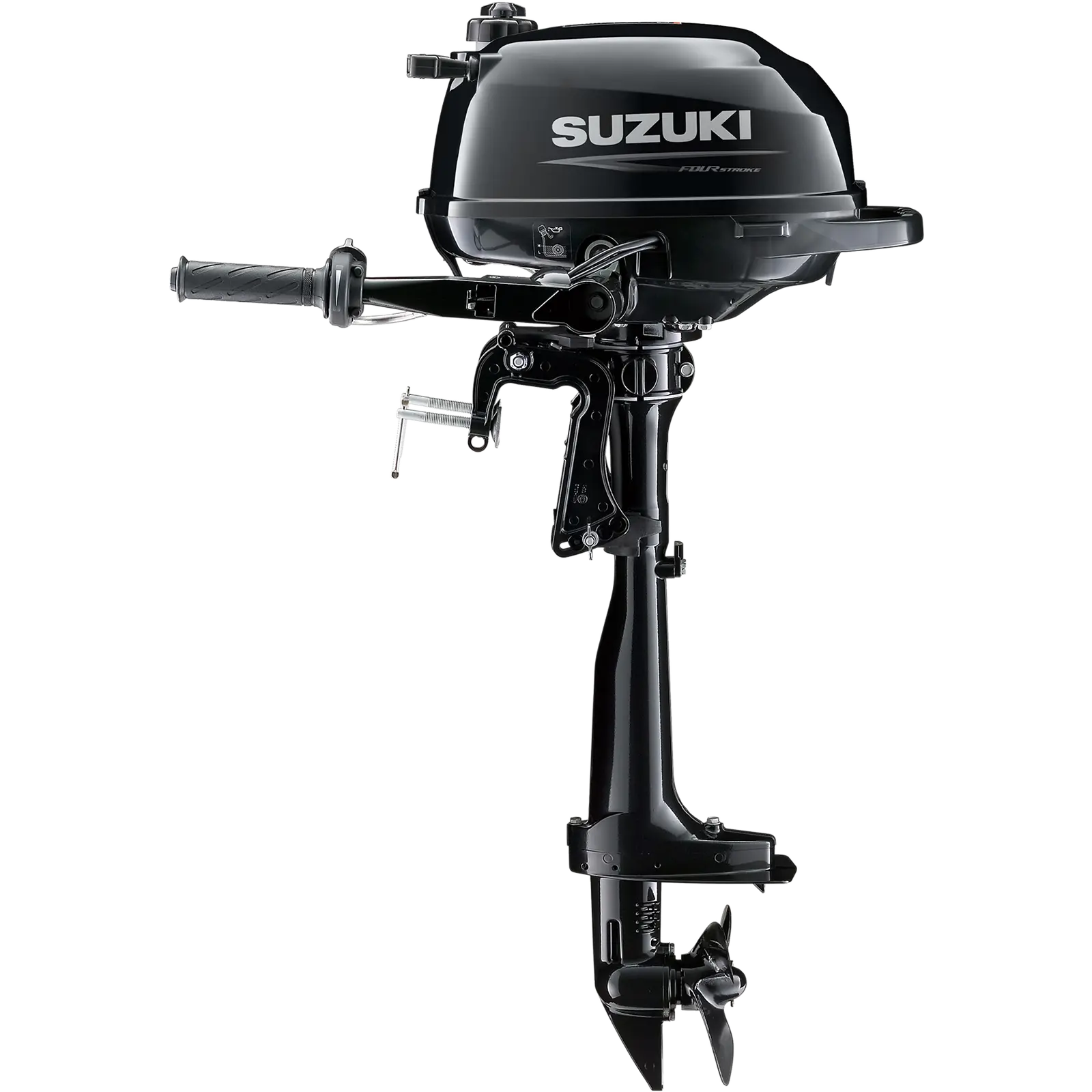 A black outboard motor with handle and propeller is shown against white background.