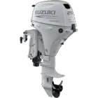 A white outboard motor with black propeller and control levers.