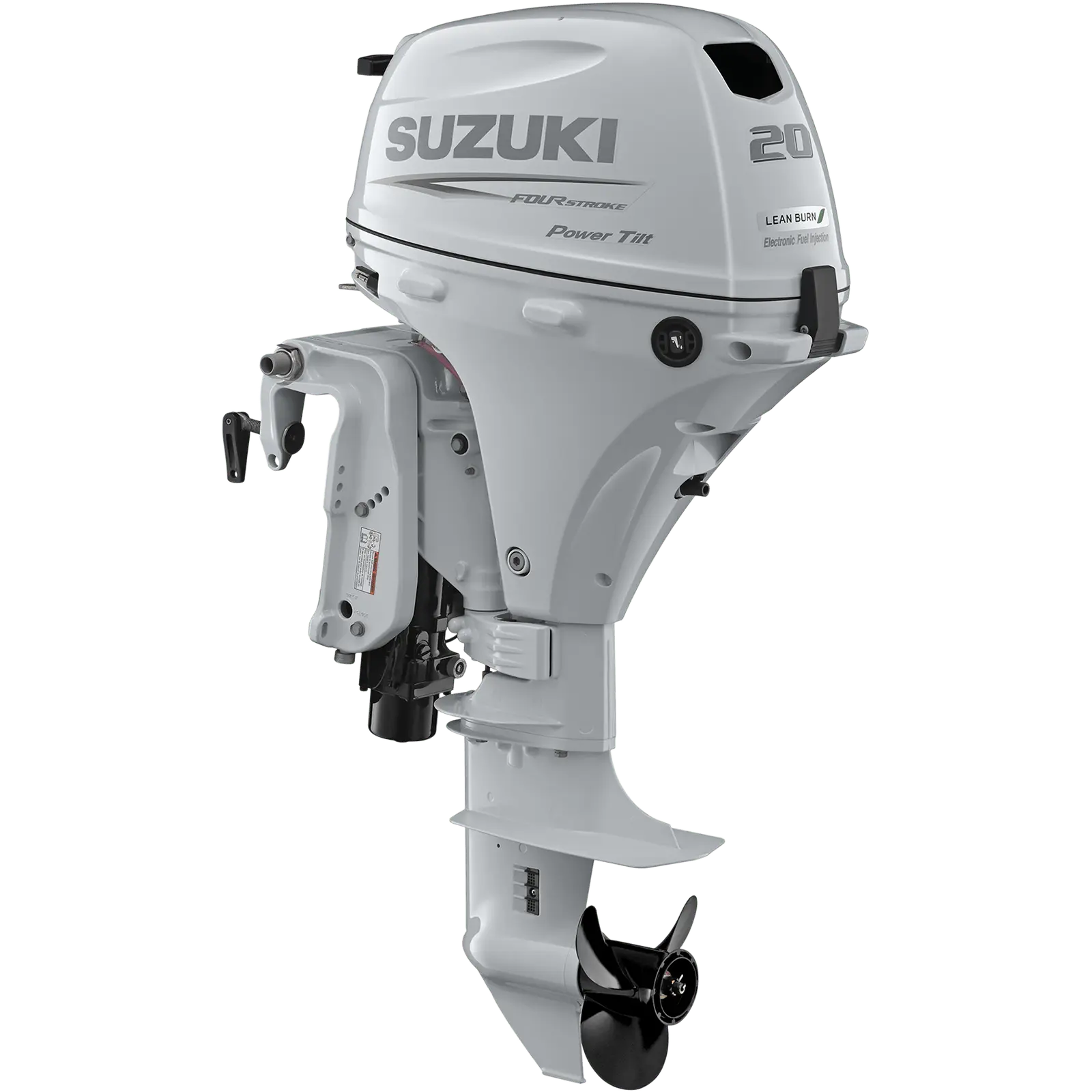A white outboard motor with black propeller and control levers.