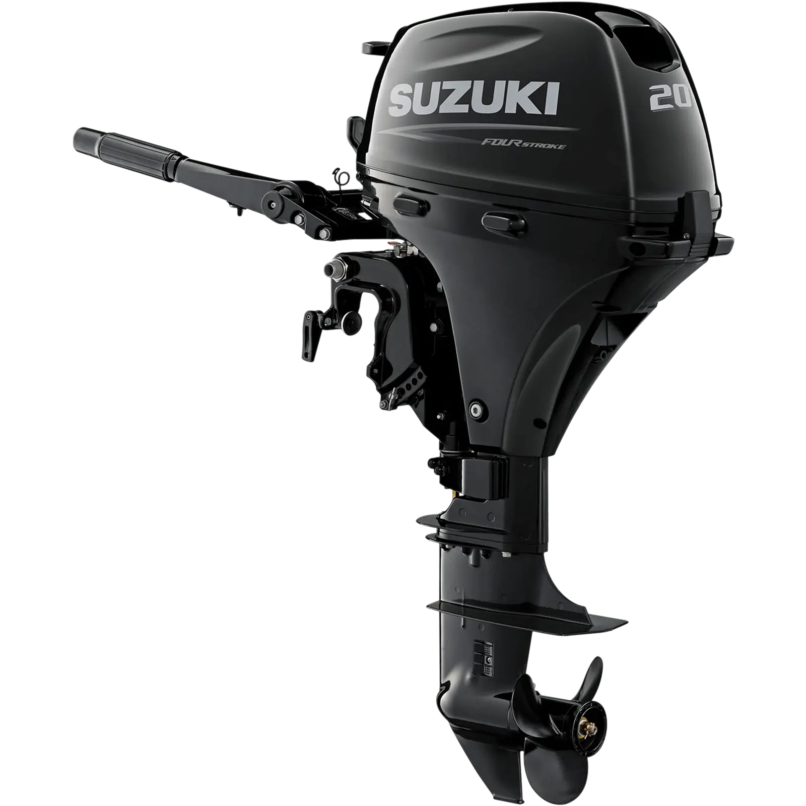 A sleek black outboard motor with propeller and handle.