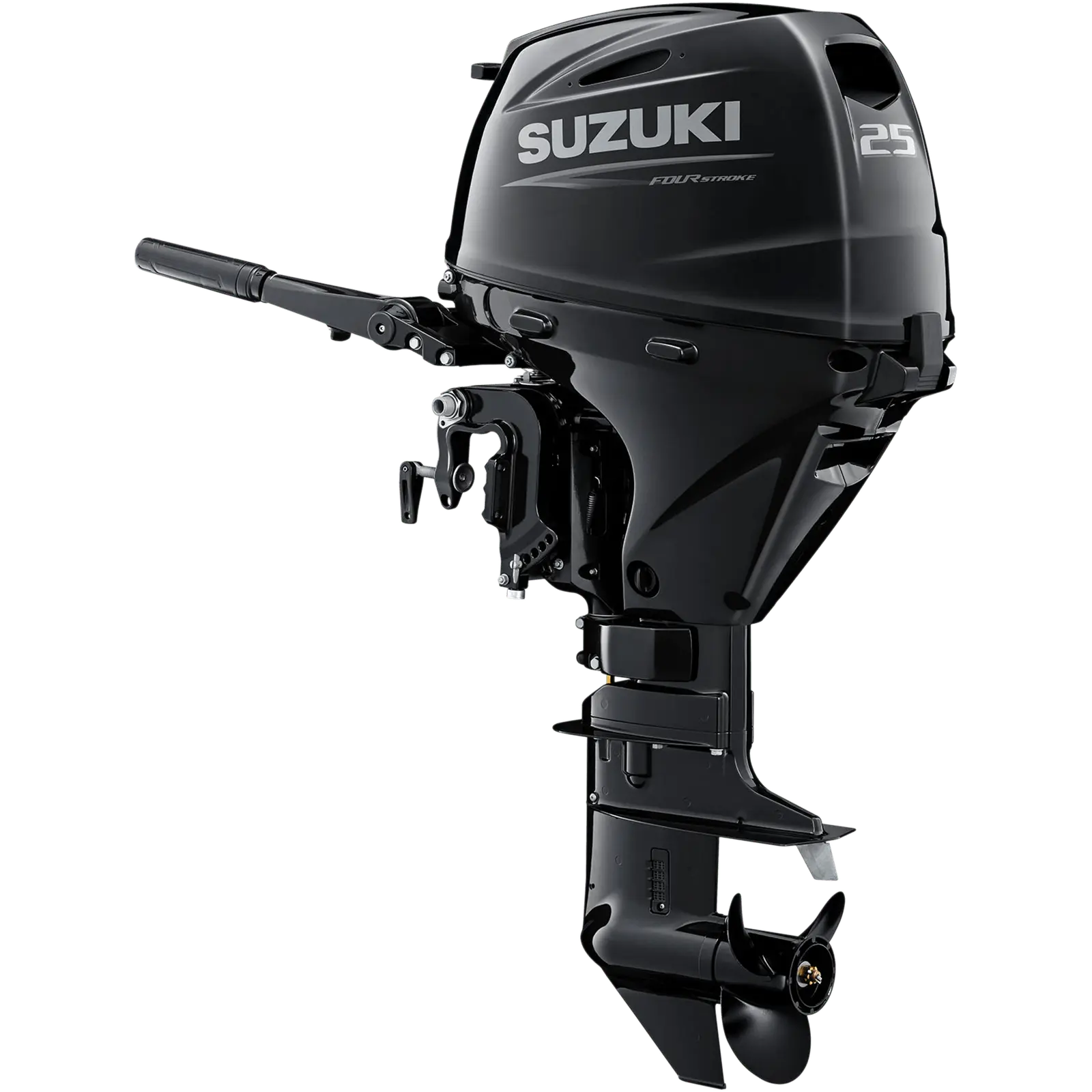 A sleek black outboard motor with propeller and handle is displayed against white background.