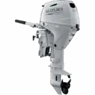 A white outboard motor with black propeller and handle.
