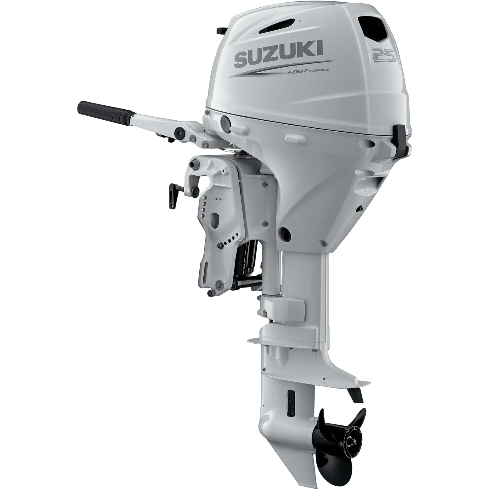 A white outboard motor with black propeller and handle.