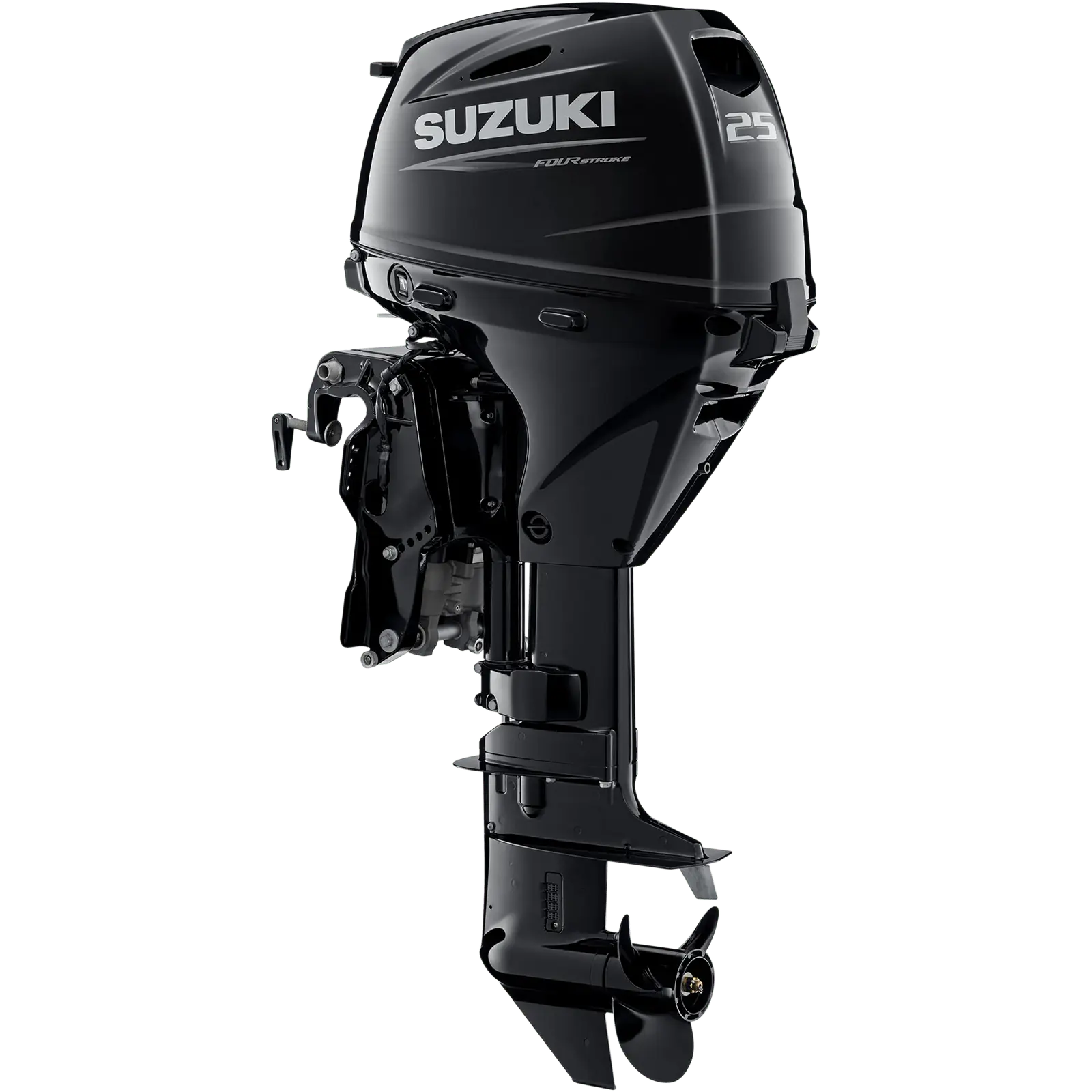 A sleek black outboard motor with propeller and control arm.
