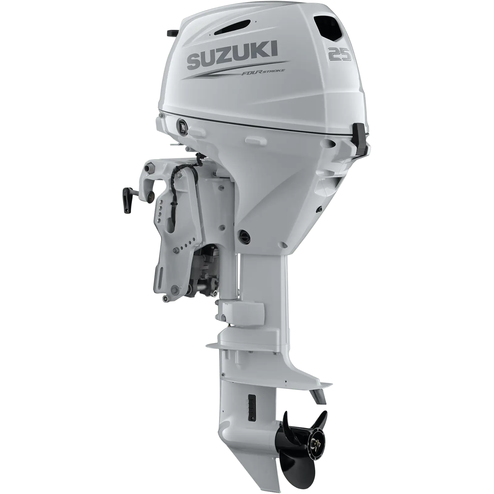A white outboard motor with propeller and engine components.