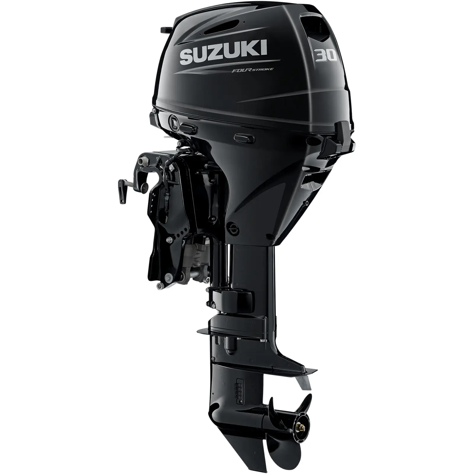 A sleek black outboard motor with propeller and control arm.