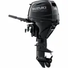 A sleek black outboard motor with propeller and control handle.