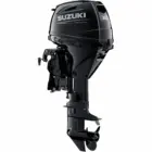 A sleek black outboard motor with propeller and control arm.