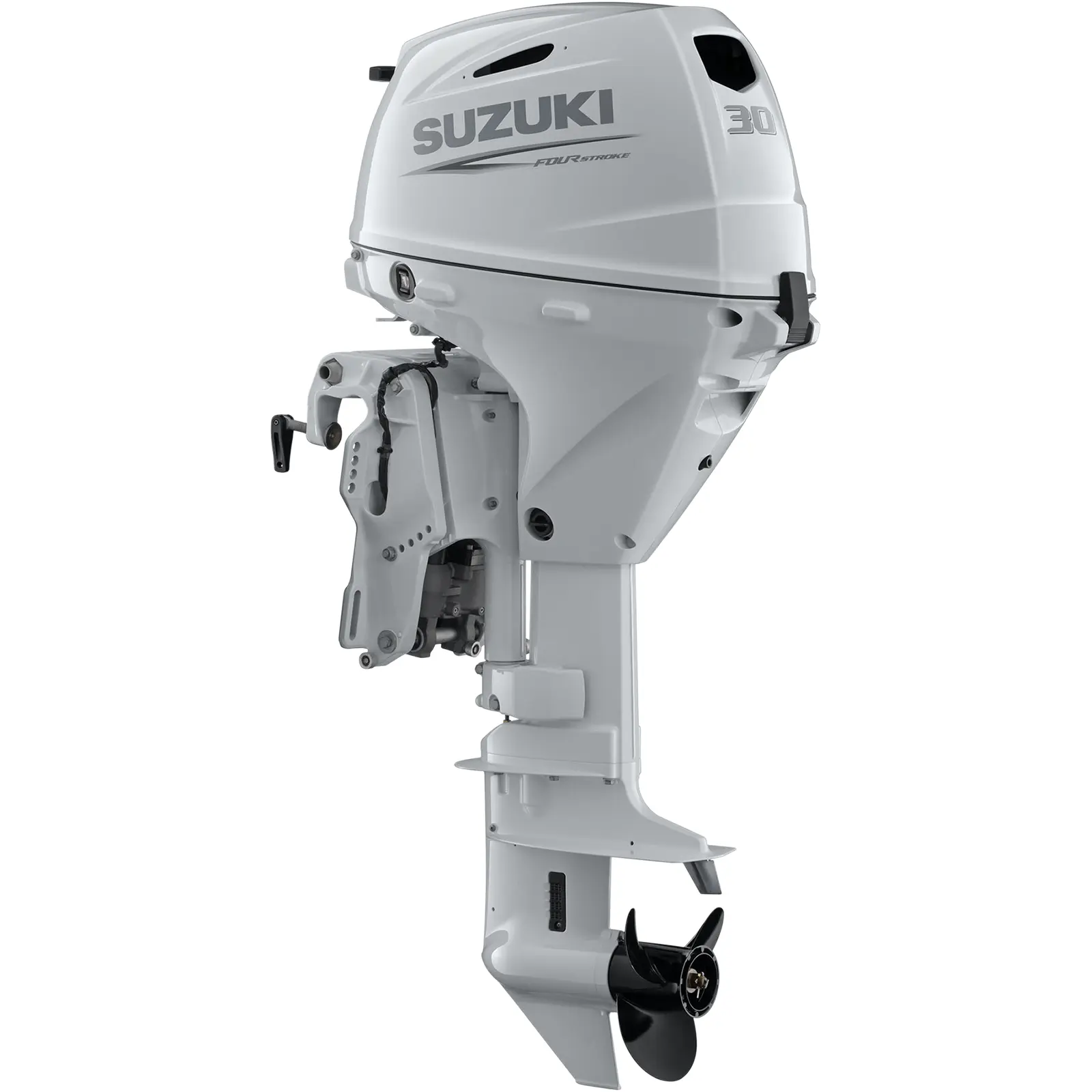 A white outboard motor with propeller and engine components shown against plain background.