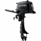 A black outboard motor with handle and propeller is shown against white background.