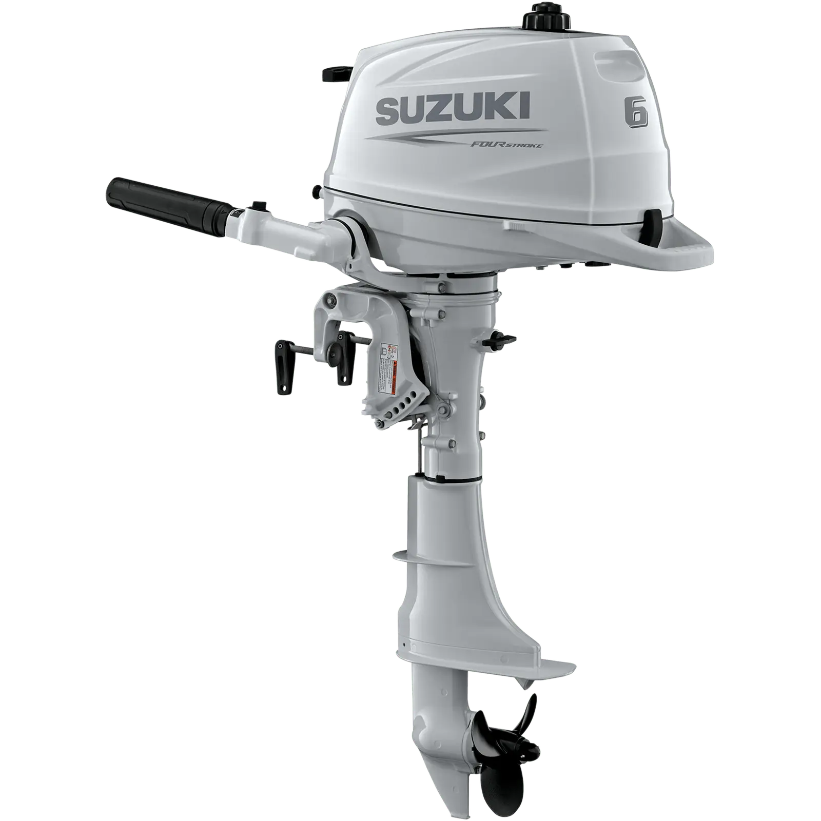 A white outboard motor with handle and propeller is shown against plain background.