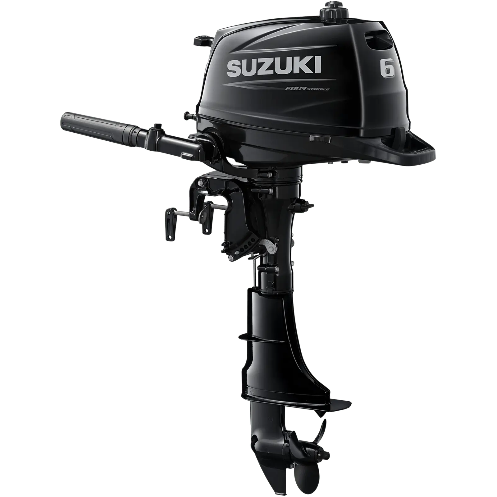 DF6AS5_a A black outboard motor with handle and propeller attached.