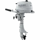 A white outboard motor with black handle and propeller at bottom.
