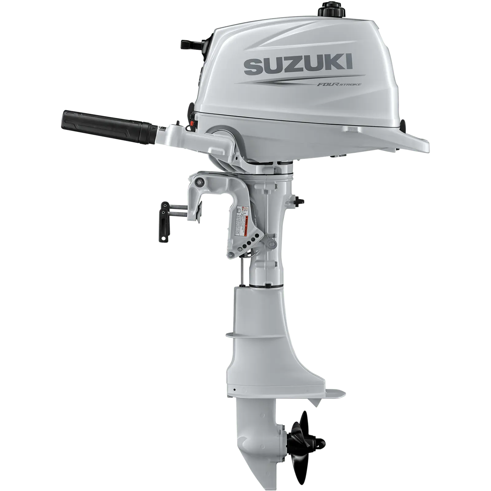 A white outboard motor with black handle and propeller at bottom.