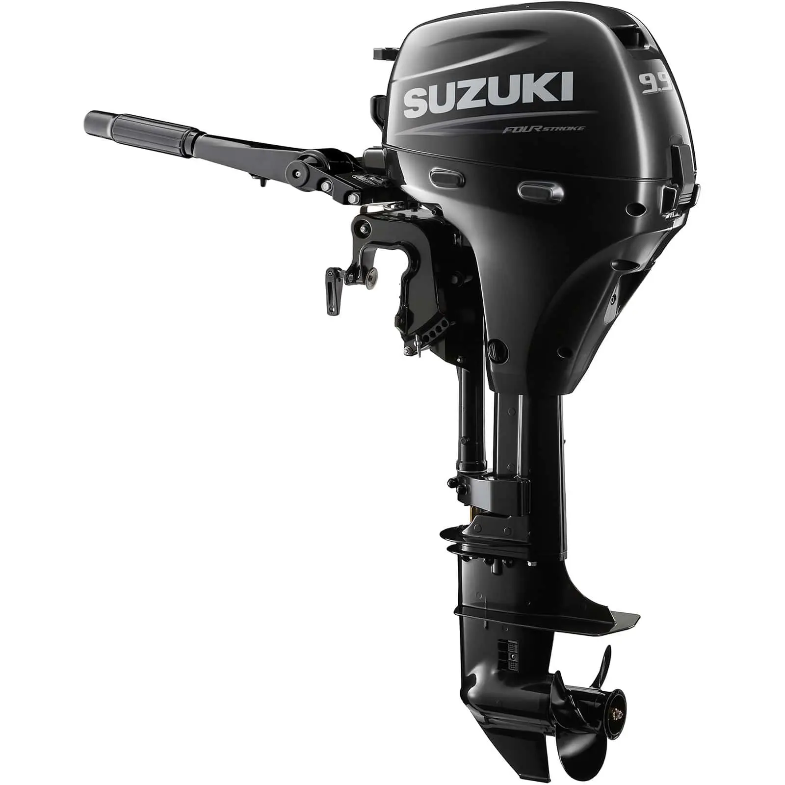 A sleek black outboard motor with handle and propeller.