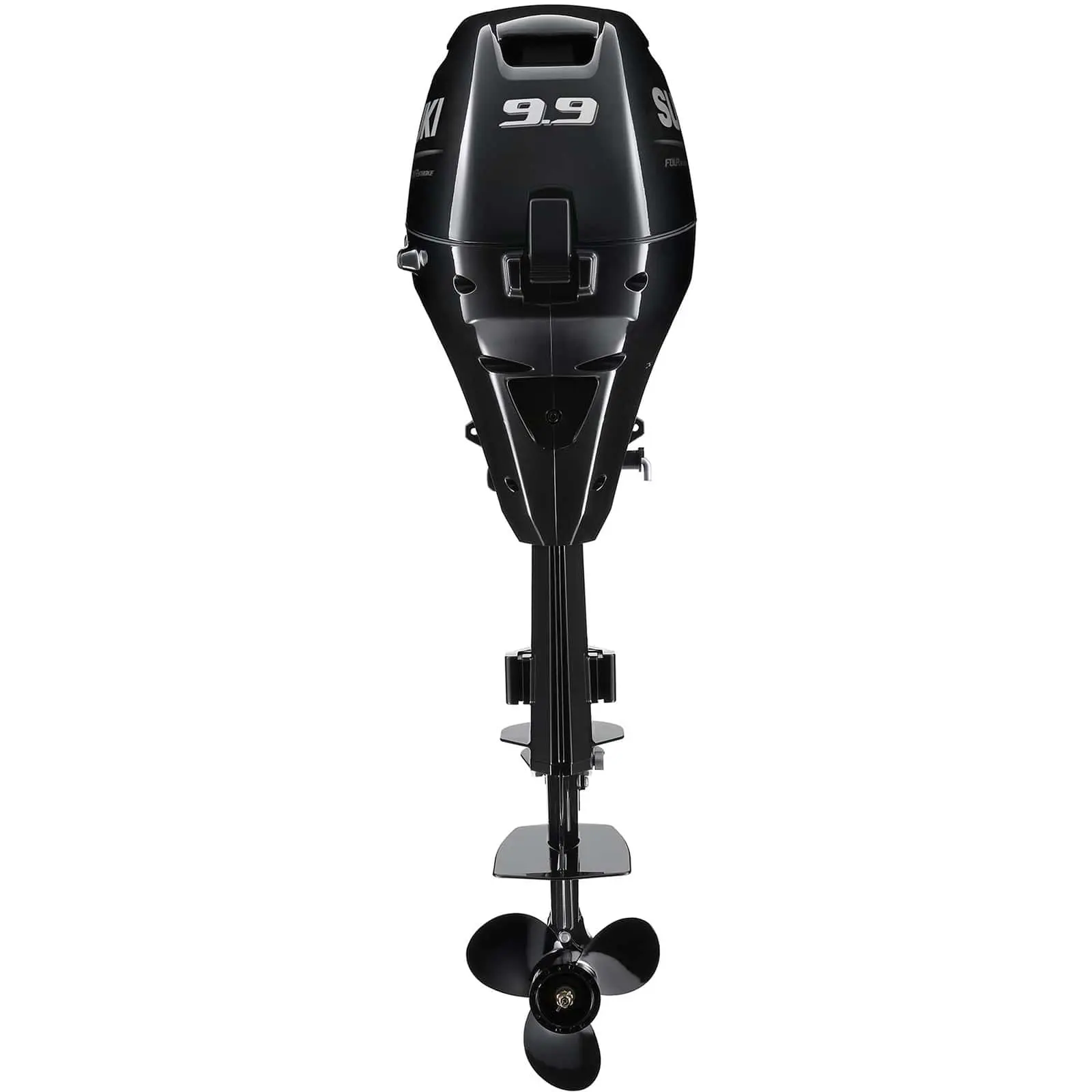 A black outboard motor with propeller and handle is shown against white background.