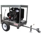 Portable generator on trailer with handle and wheel for mobility.