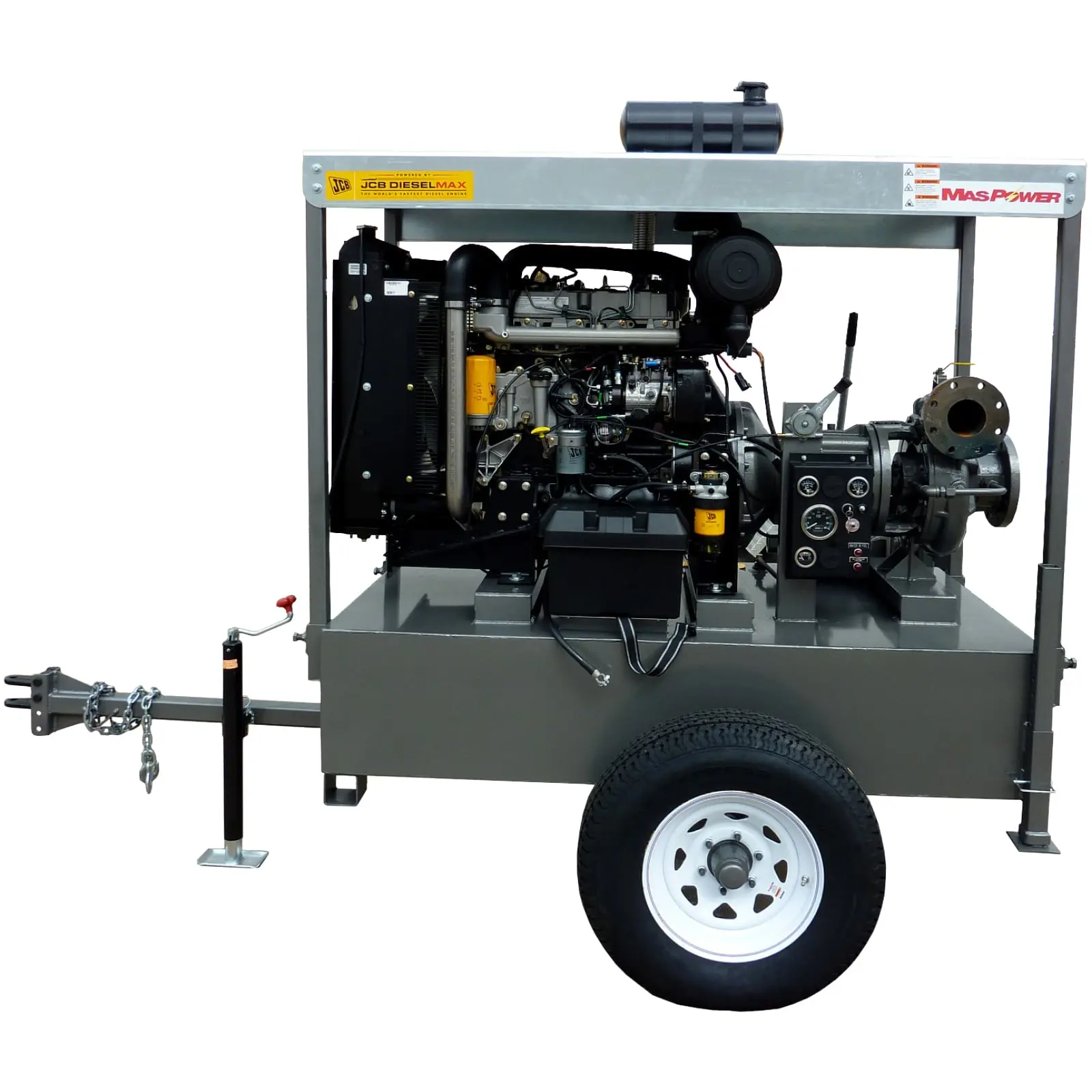 Portable diesel-powered water pump on wheels with control panel and hose connection.