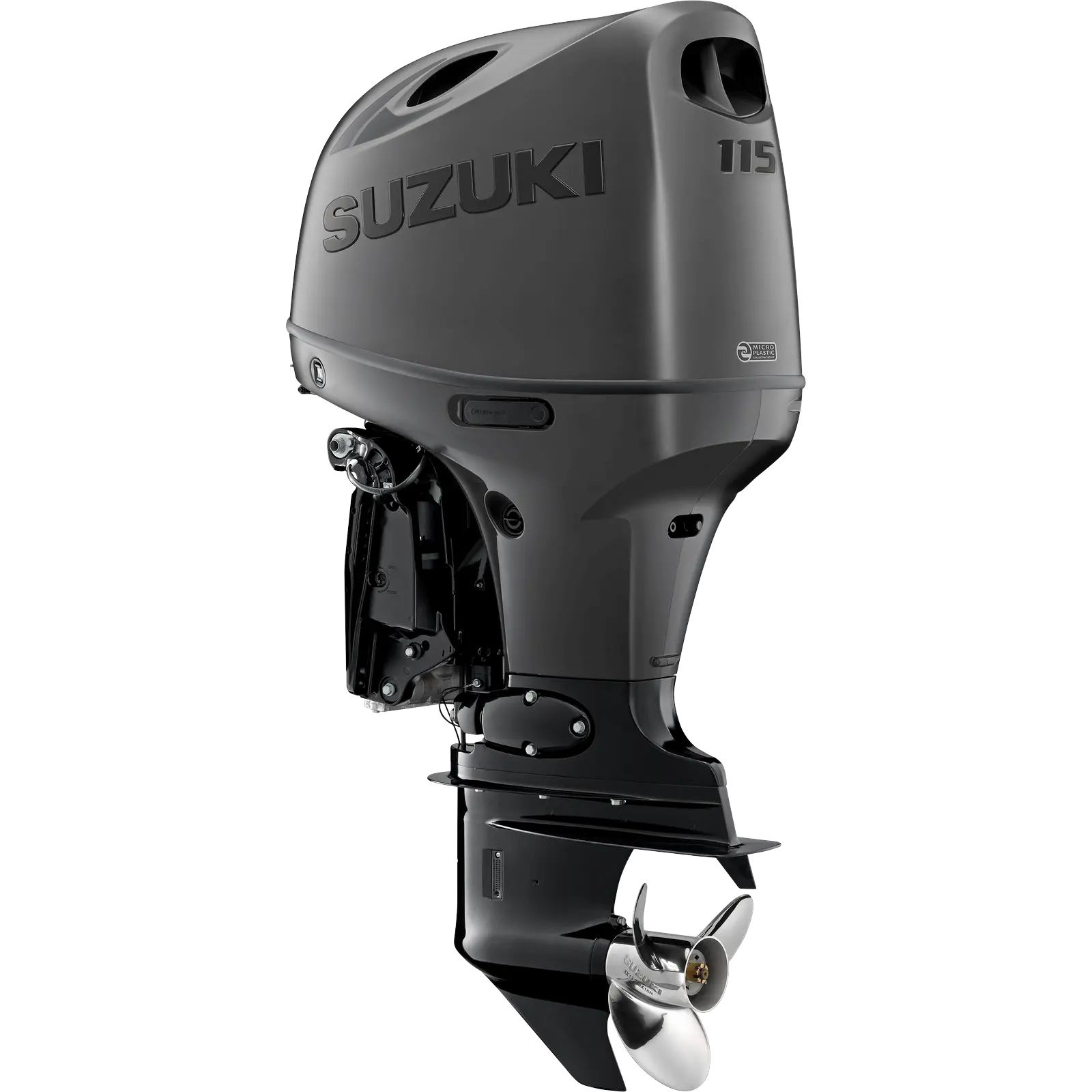 WEBDF115SS_a A sleek outboard motor with propeller and branding details.