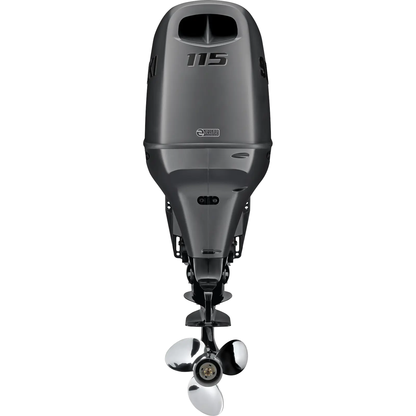 A sleek outboard motor with propeller and branding details.