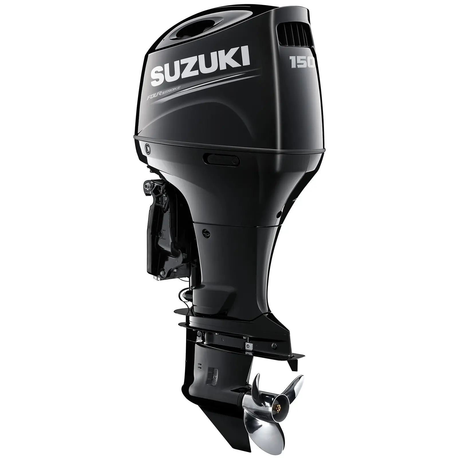 A sleek black outboard motor with propeller and branding details.