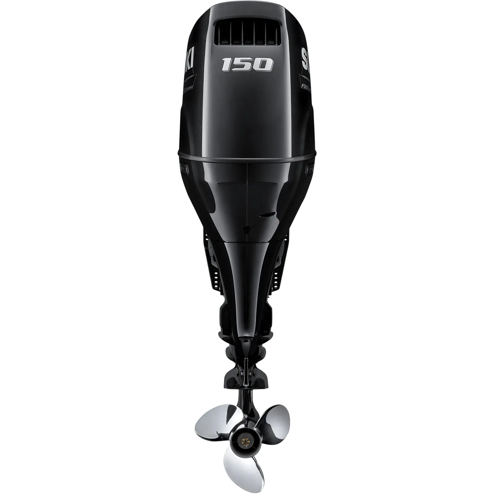 A black outboard motor with propeller and venting details.