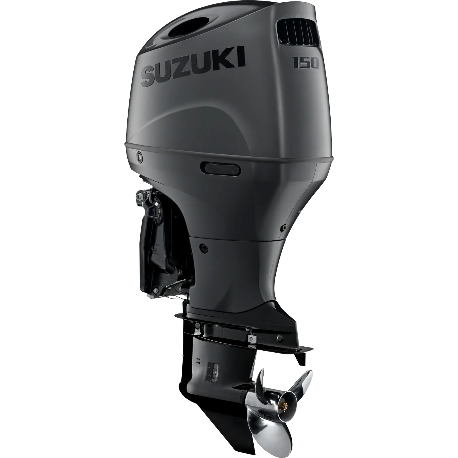 A sleek black outboard motor with propeller and vent details.