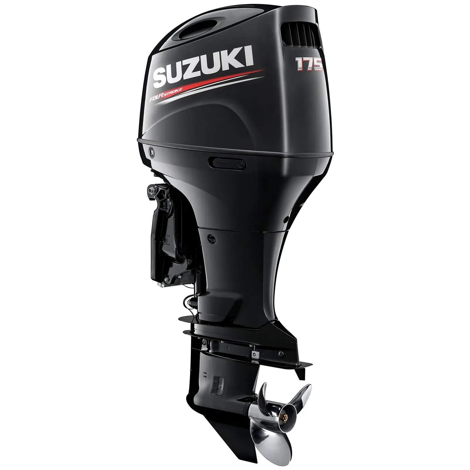 A sleek black outboard motor with propeller and branding details.