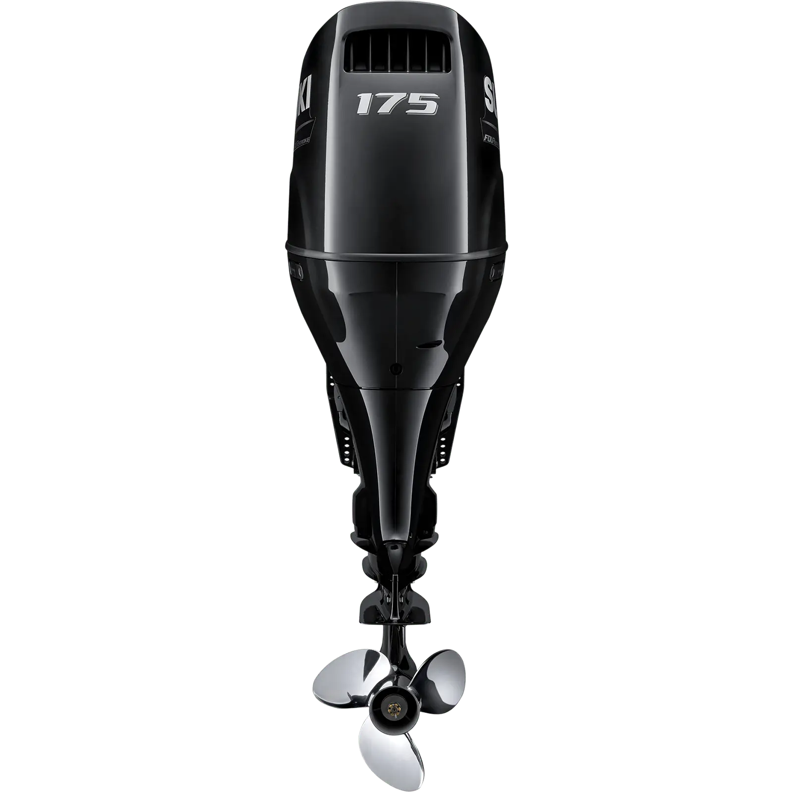 A sleek black outboard motor with propeller at bottom.