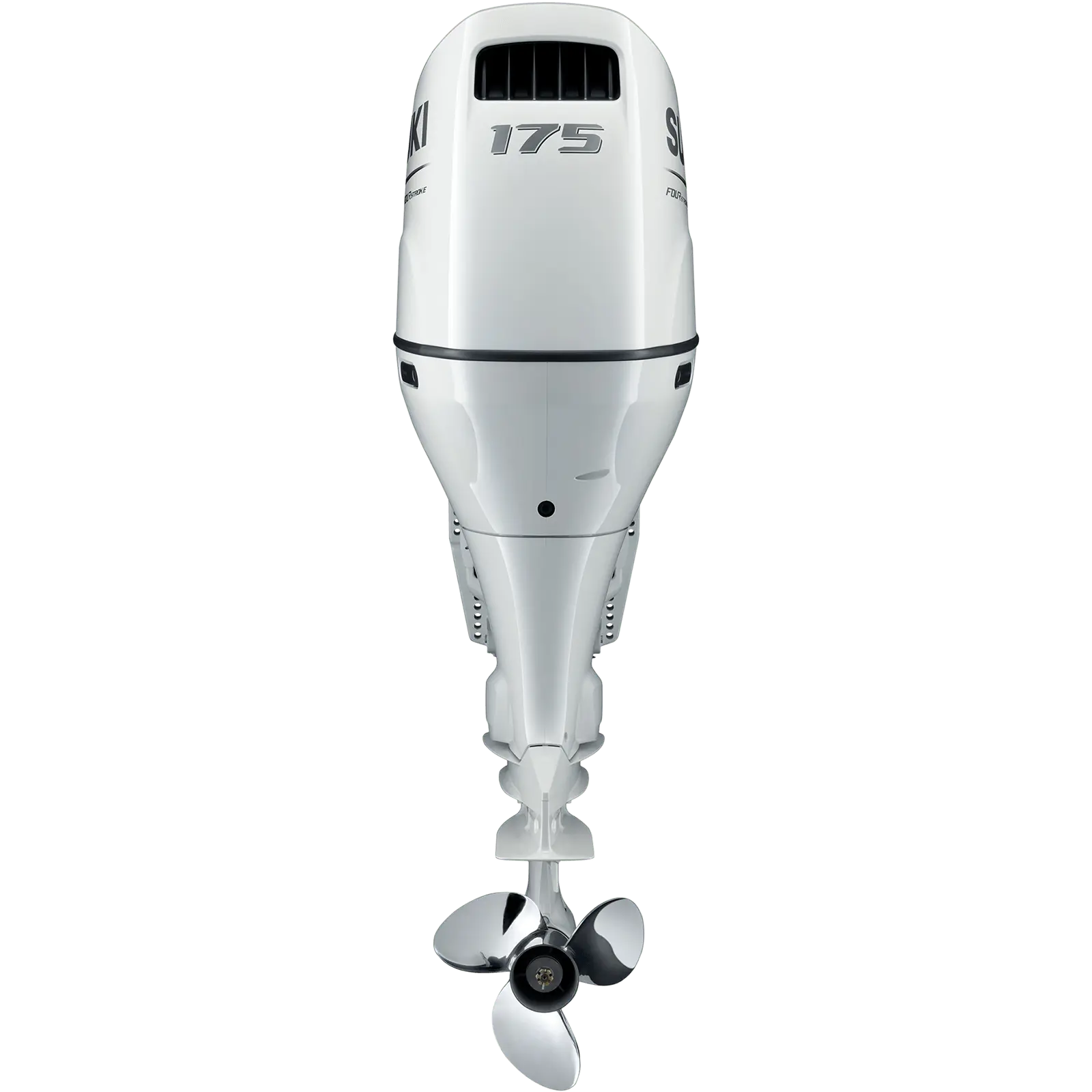 White outboard motor with propeller at bottom and vented top section.