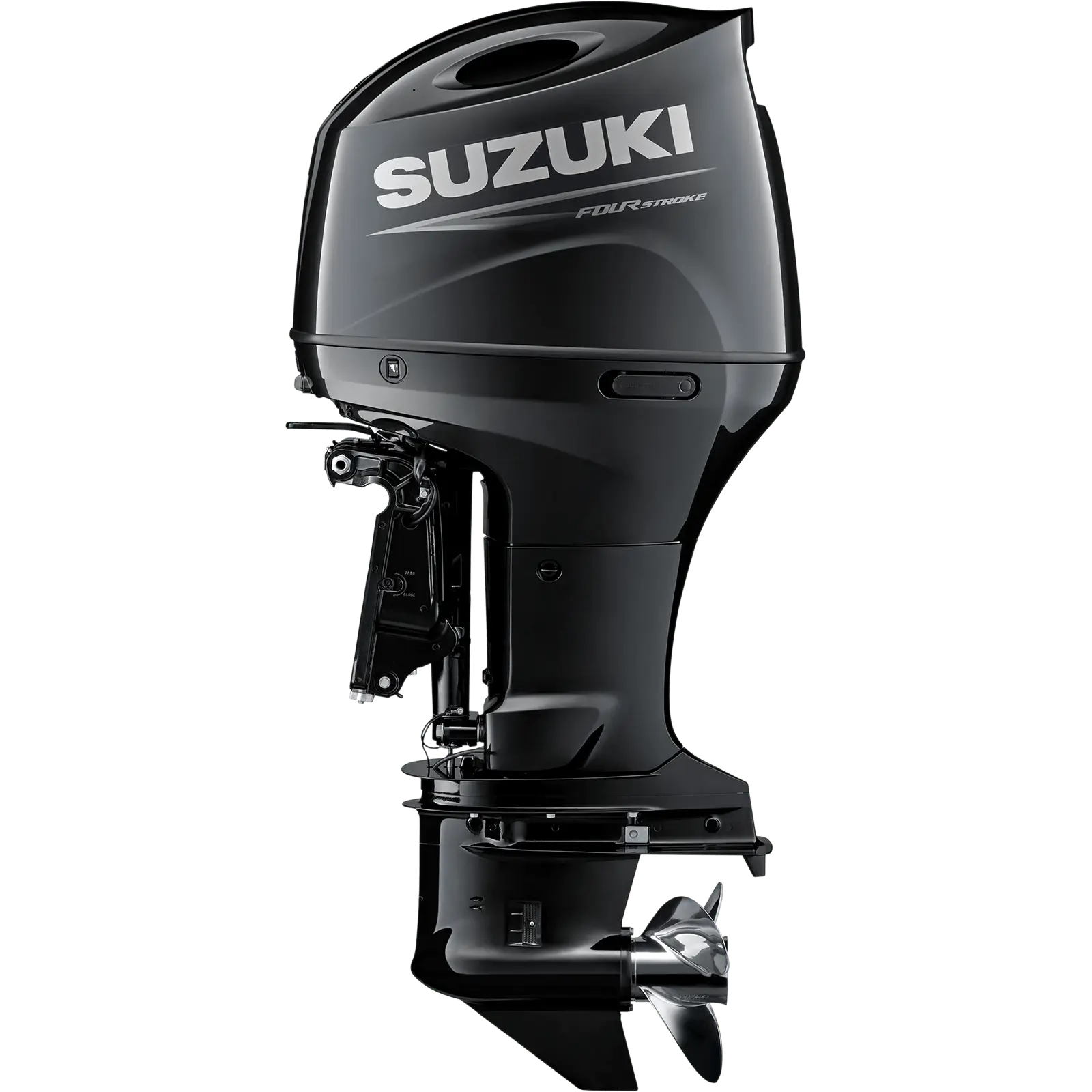 A sleek black outboard motor with propeller and branding details.