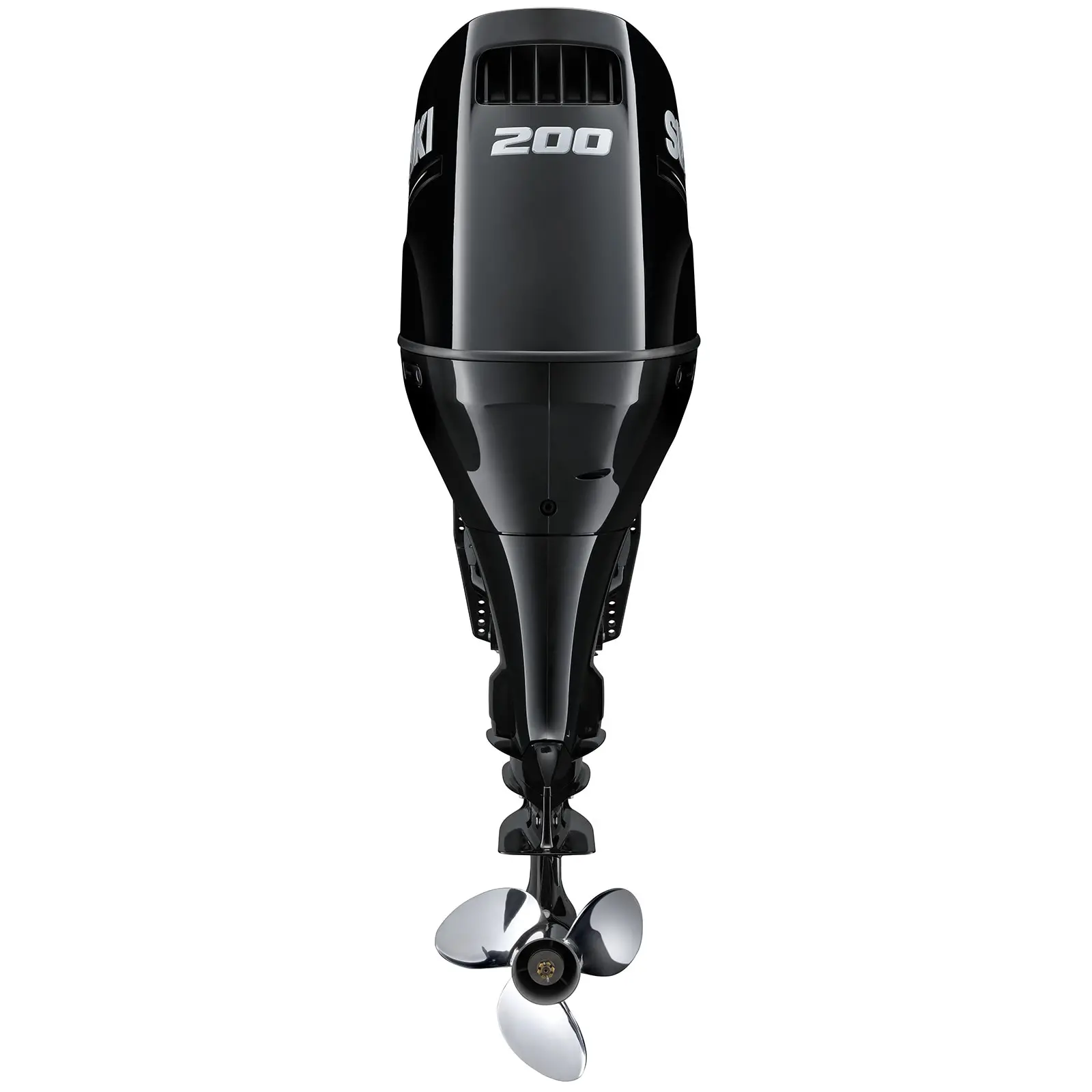 A sleek black outboard motor with propeller at bottom.