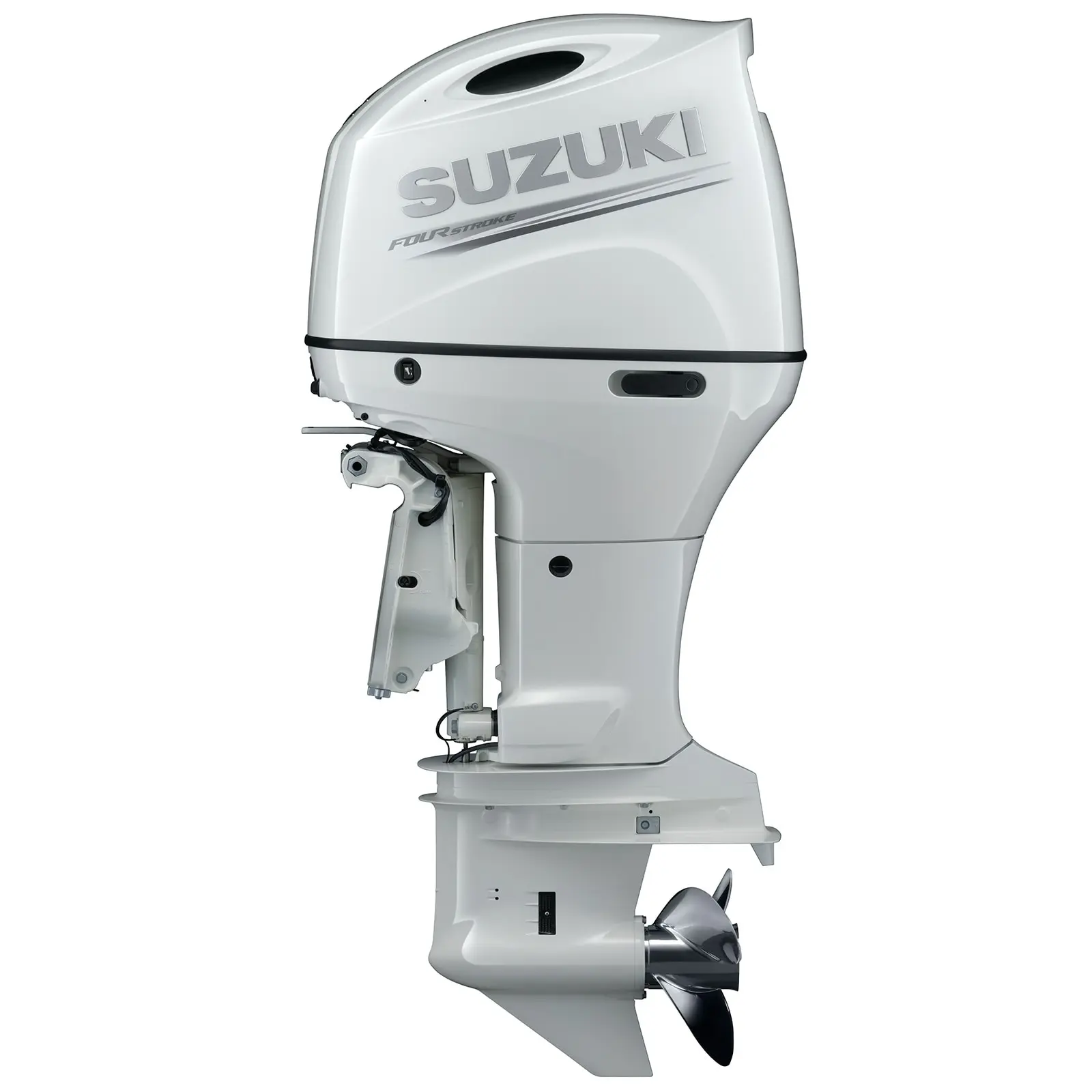 White outboard motor with propeller and Suzuki logo.