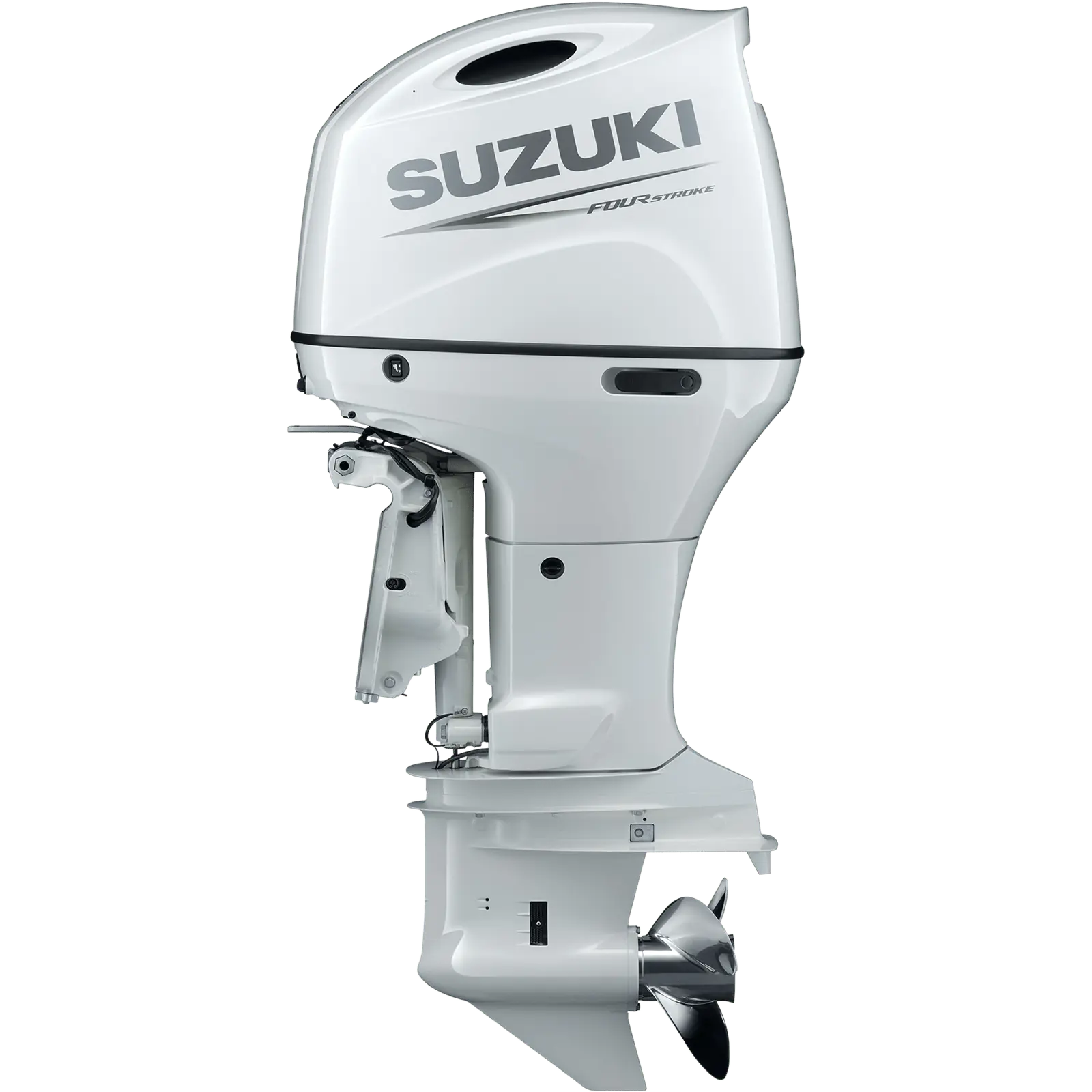 White outboard motor with propeller and Suzuki branding.