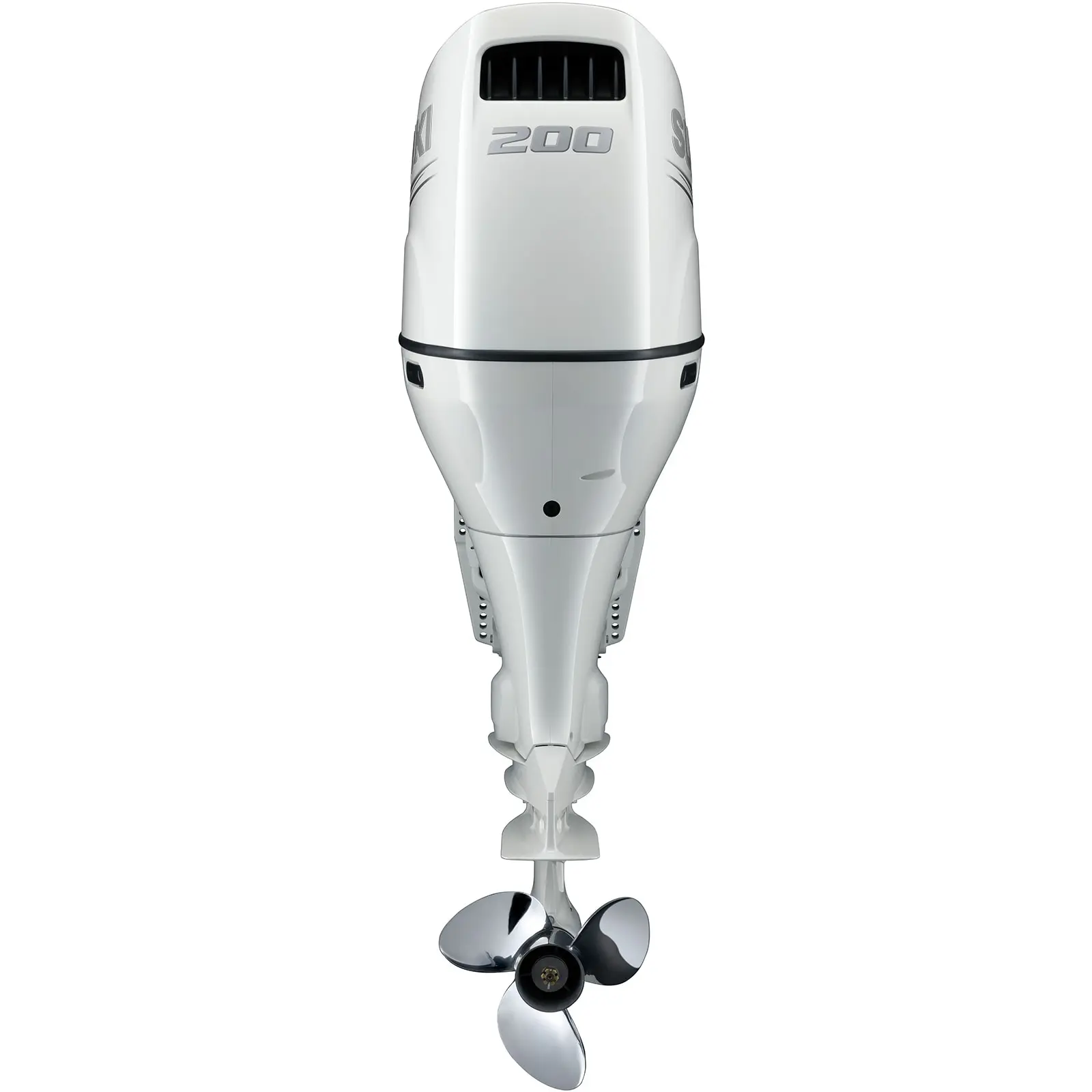 A white outboard motor with propeller at bottom and number 200 on top.