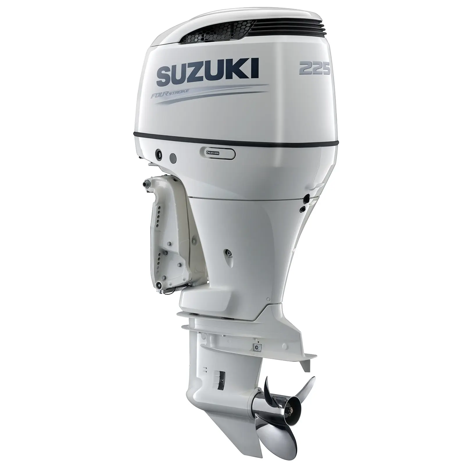 A white outboard motor with propeller and branding details.